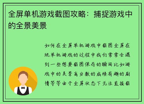 全屏单机游戏截图攻略：捕捉游戏中的全景美景